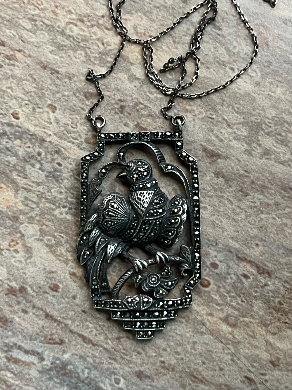 Antique Sterling Silver And Marcasite Bird Necklace - Picture 5 of 16